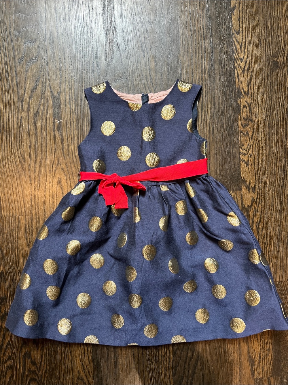 Mini Boden Toddler Girls’ Navy and Gold Polka Dot Party Dress with Red Sash 2-3Y